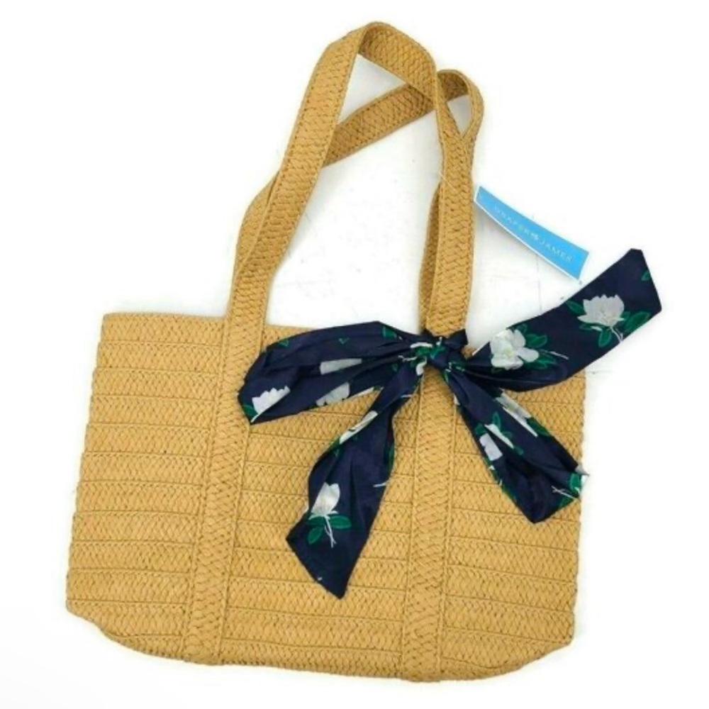 Draper James Stylish Beige Tote Bag with Floral Scarf Accent